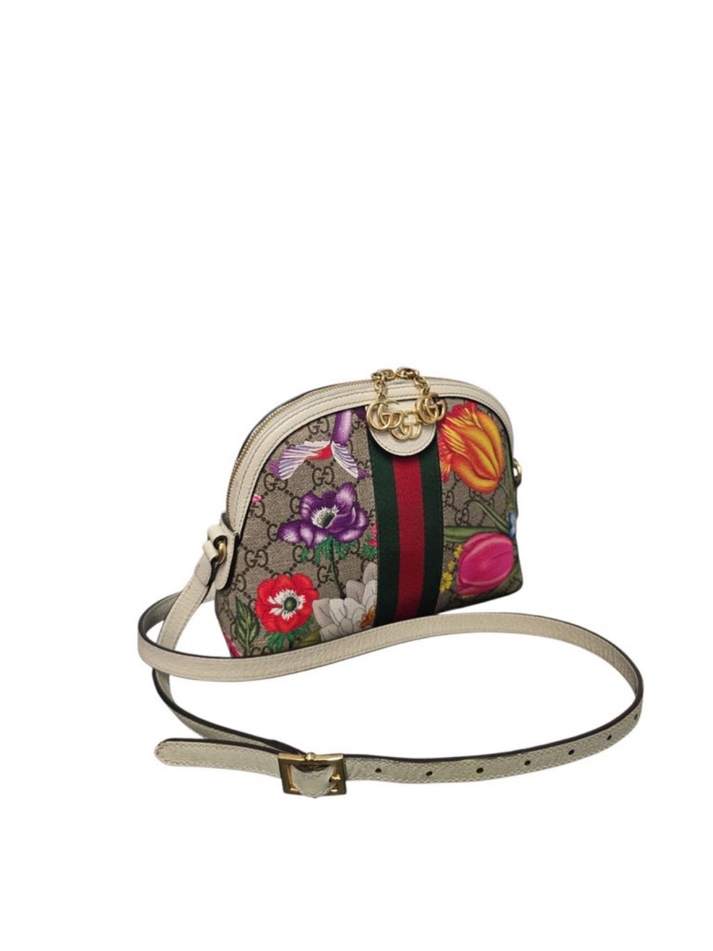Gucci Floral GG Supreme Crossbody in Beige with Green-Red Web